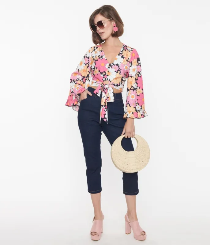 Smak Parlour Dark Blue & Floral Pockets Denim Capris sold by Unique Vintage