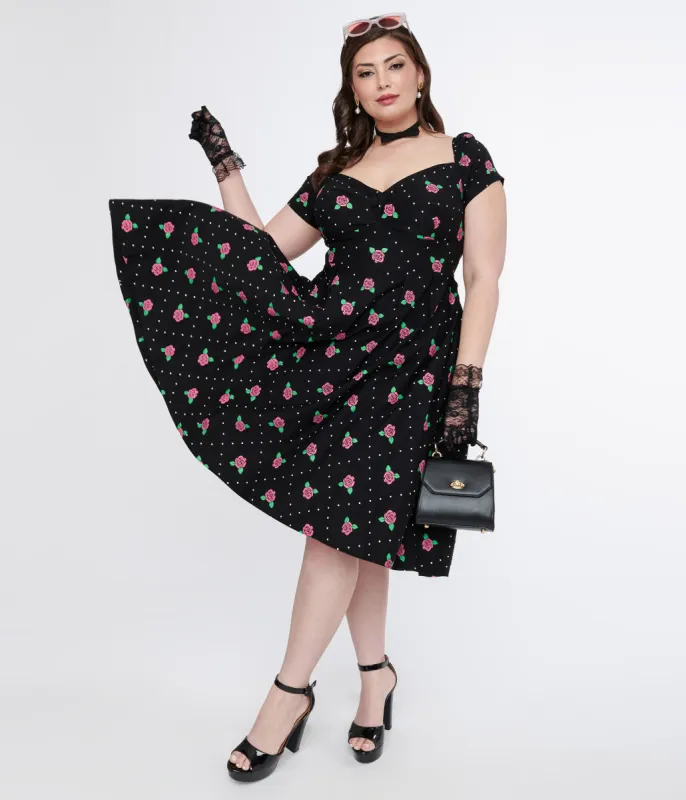 Unique Vintage Plus Size 1950s Black & Rose Stamp Midge Swing Dress sold by Unique Vintage