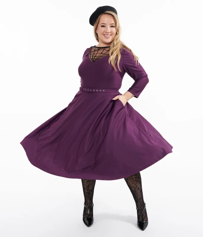 Unique Vintage Plus Size 1950s Eggplant & Black Spiderweb Devon Swing Dress sold by Unique Vintage