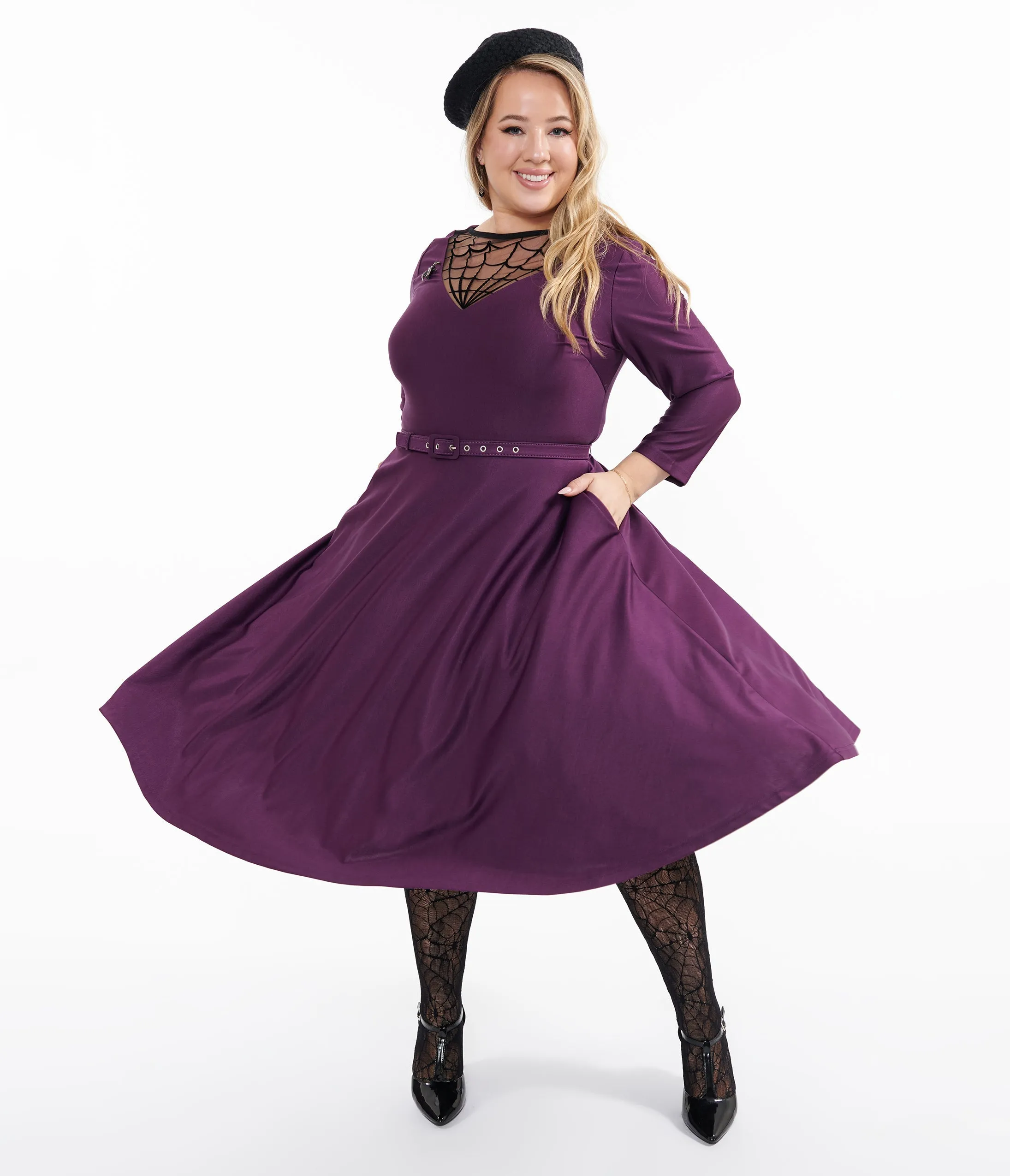 Unique Vintage Plus Size 1950s Eggplant & Black Spiderweb Devon Swing Dress sold by Unique Vintage