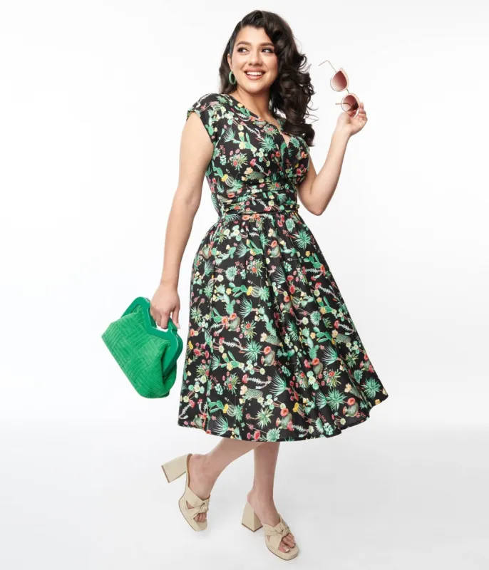 Retrolicious Black Cactus Greta Swing Dress sold by Unique Vintage