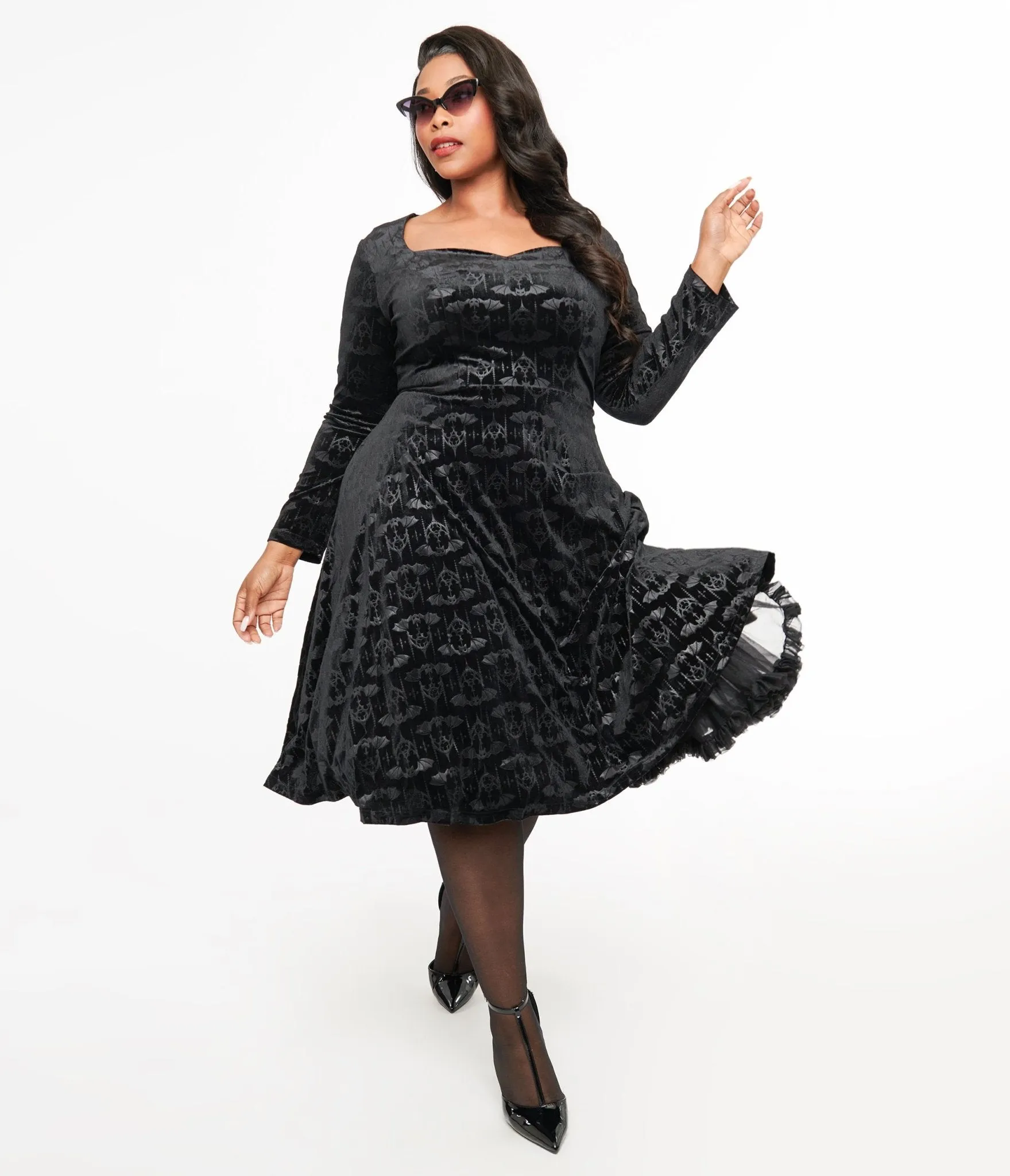 Plus Size 1950s Black Velvet Bat Print Fit & Flare Dress sold by Unique Vintage