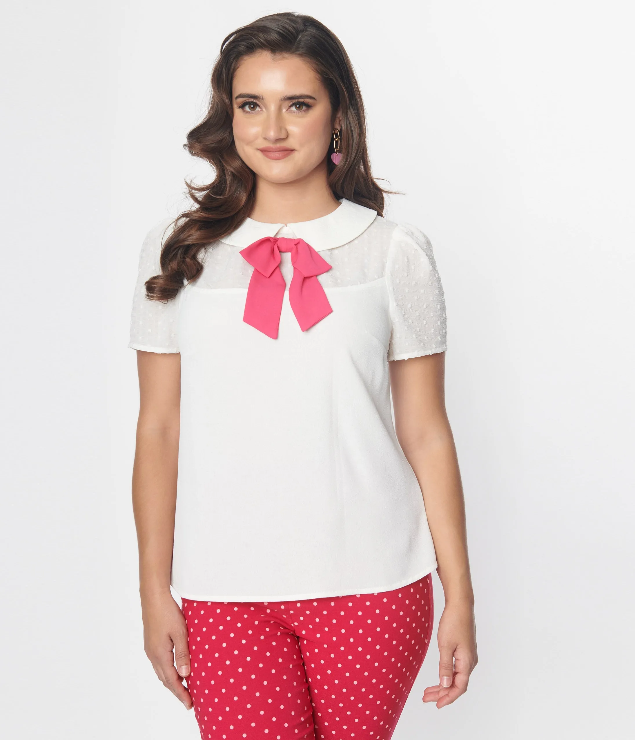 Smak Parlour 1960s White & Pink Collared Bow Blouse sold by Unique Vintage product image thumbnail 3