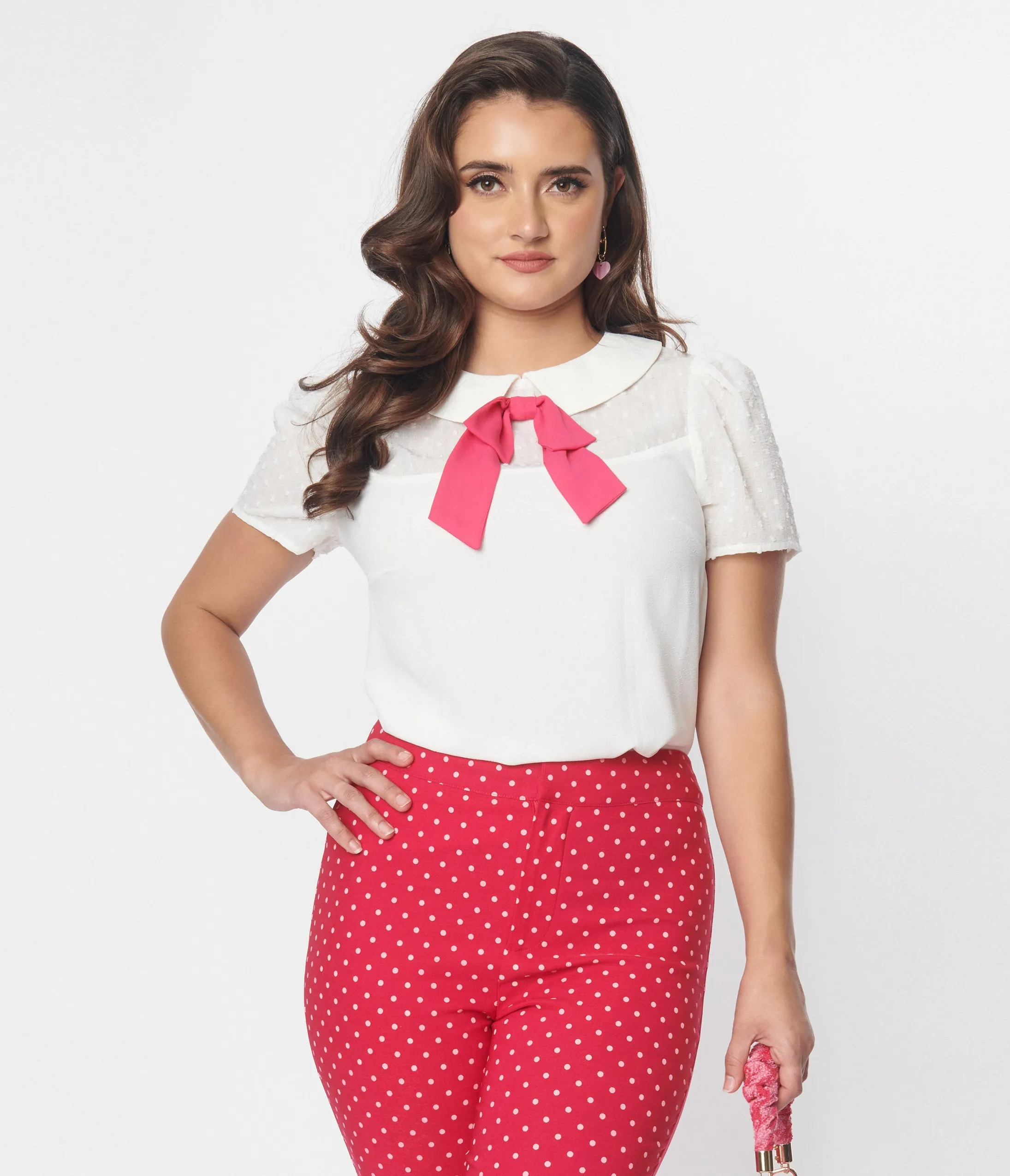 Smak Parlour 1960s White & Pink Collared Bow Blouse sold by Unique Vintage