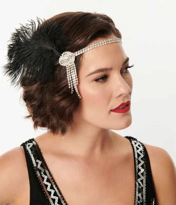 Unique Vintage 1920s Silver Rhinestone & Black Feather Headband sold by Unique Vintage