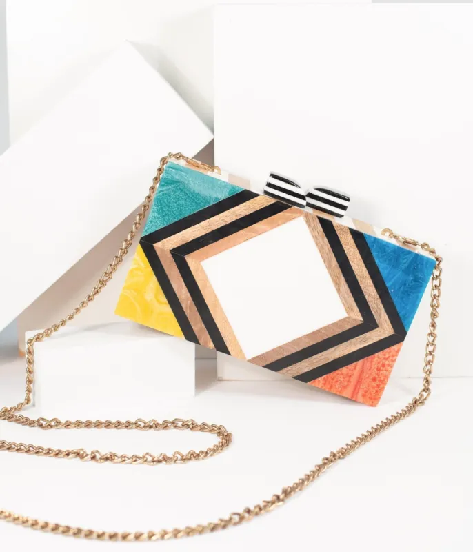 1960s Style Rainbow Chevron Wood & Resin Hard Clutch sold by Unique Vintage