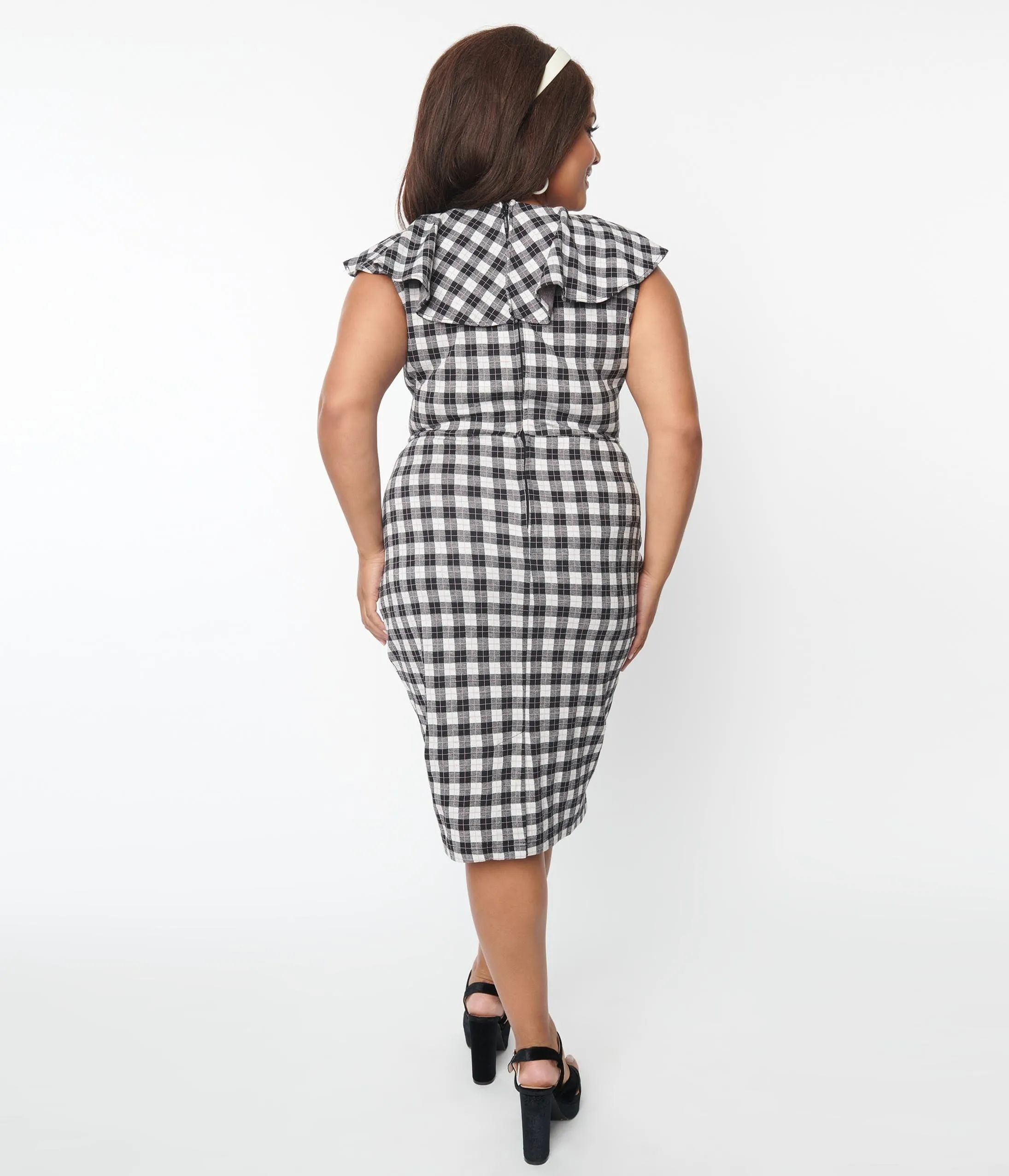 Unique Vintage Plus Size Grey & Black Plaid V-Neck Ruffle Wiggle Dress sold by Unique Vintage product image thumbnail 3