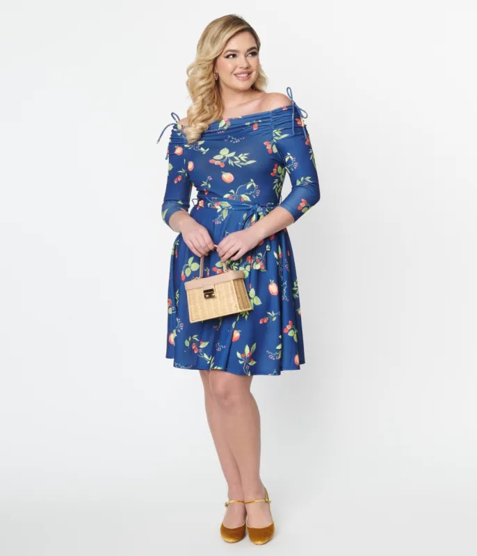 Unique Vintage Navy & Orchard Print Off Shoulder Flare Dress sold by Unique Vintage