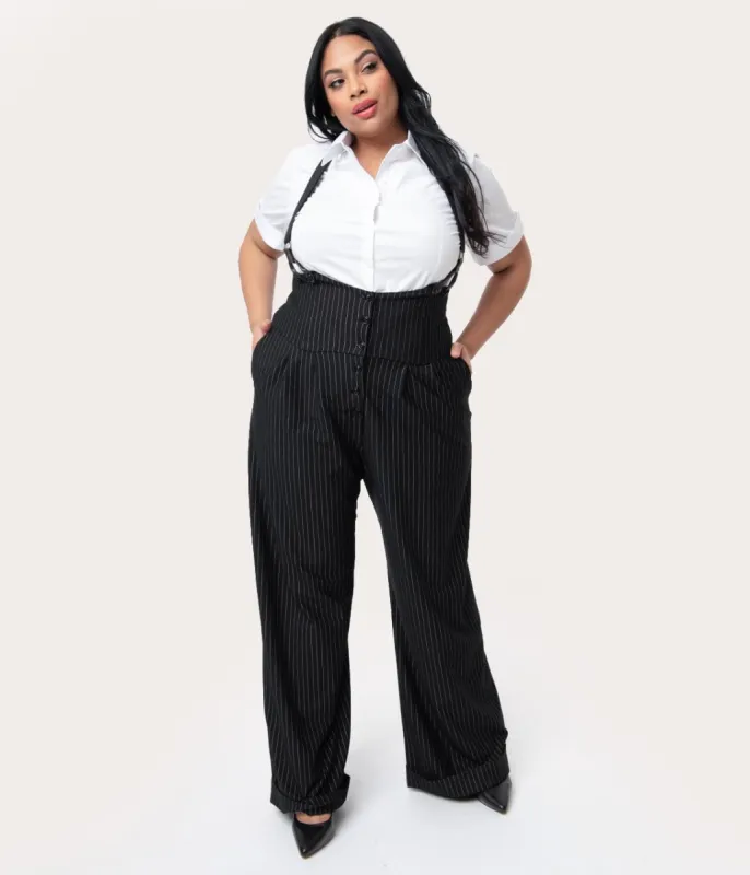 Unique Vintage Plus Size 1930s Black & White Pin Stripe Thelma Suspender Pants sold by Unique Vintage