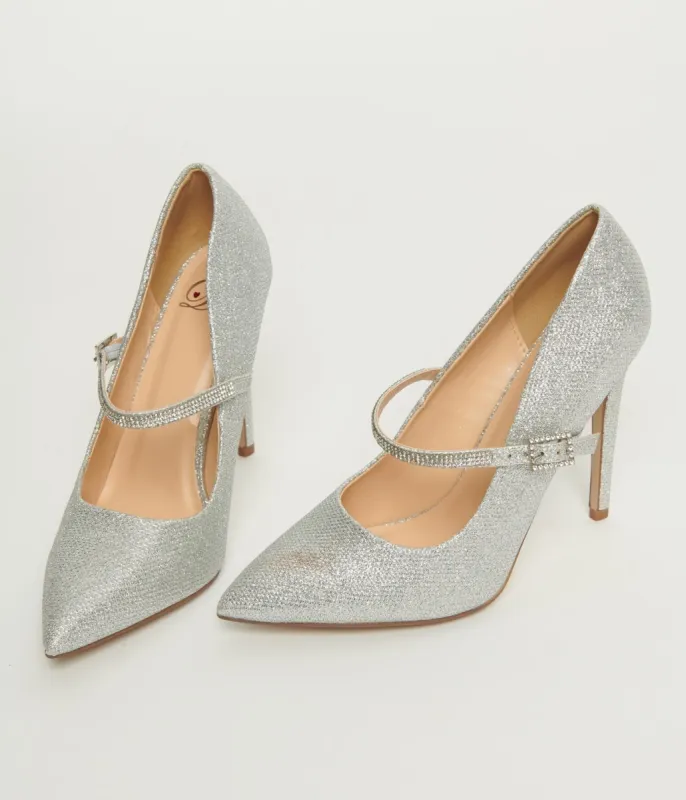 Silver Sparkle Pointed Toe Rhinestone Heels sold by Unique Vintage