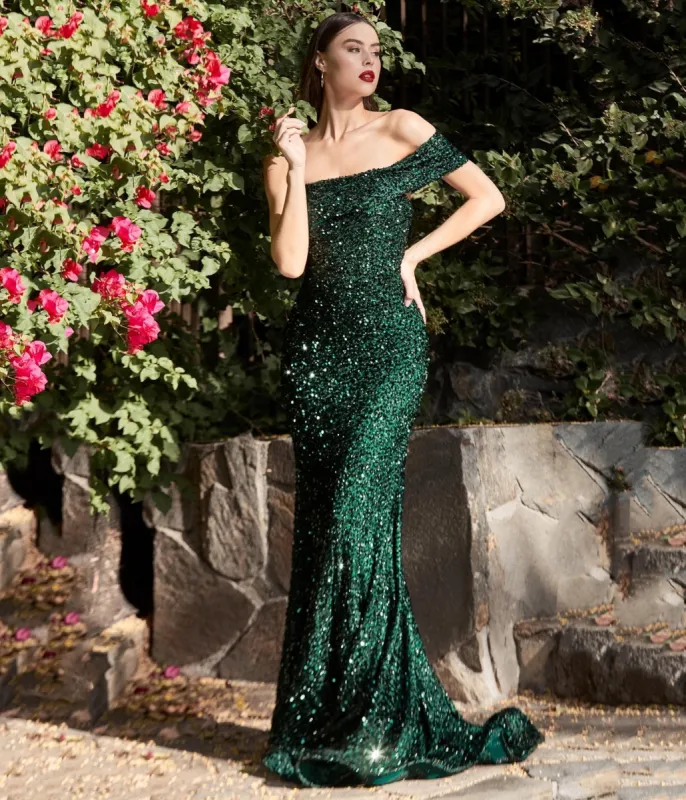 Cinderella Divine  Emerald Sequin One Shoulder Mermaid Prom Gown sold by Unique Vintage