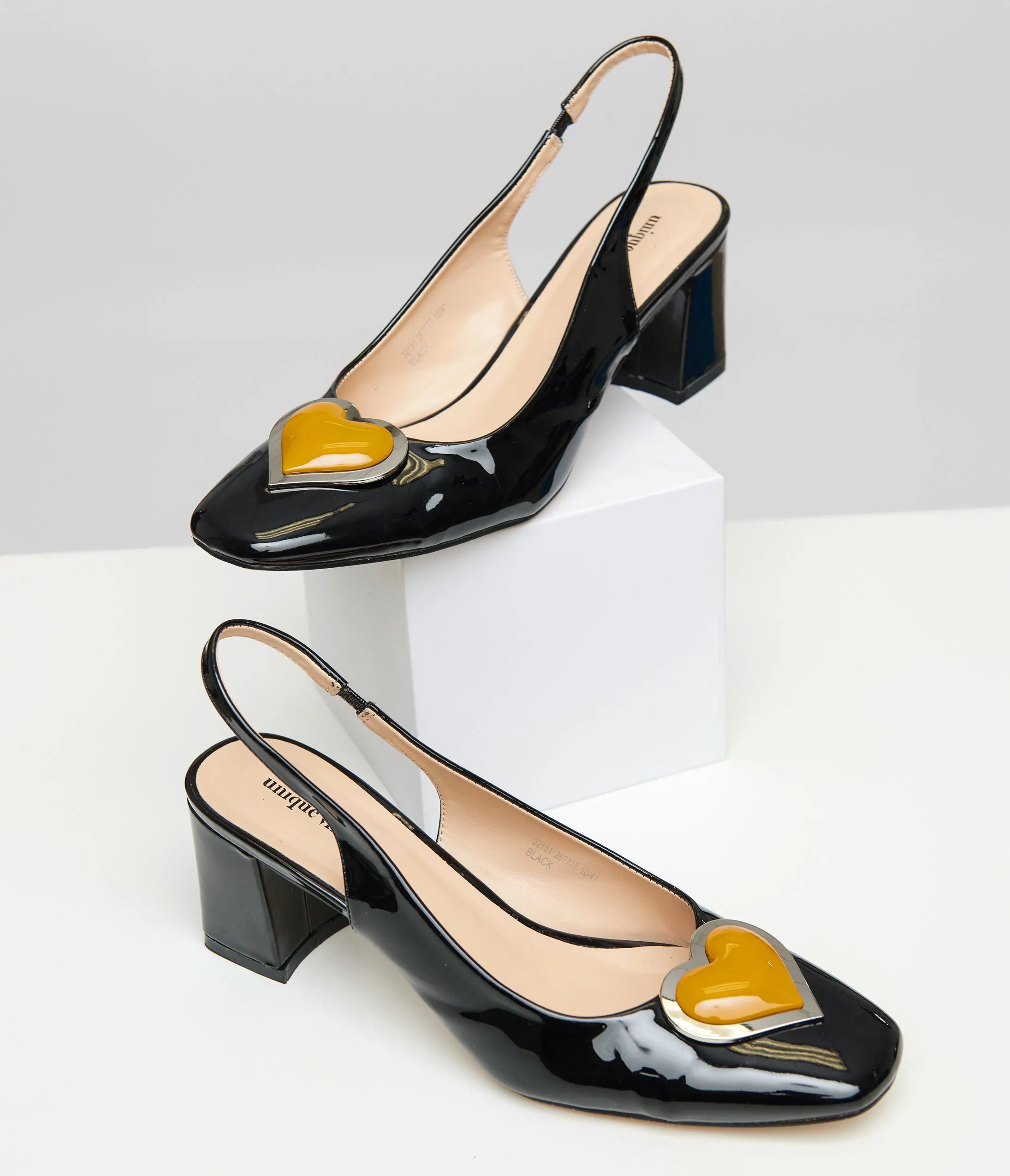 Unique Vintage Black & Orange Heart Leatherette Slingback Heels sold by Unique Vintage