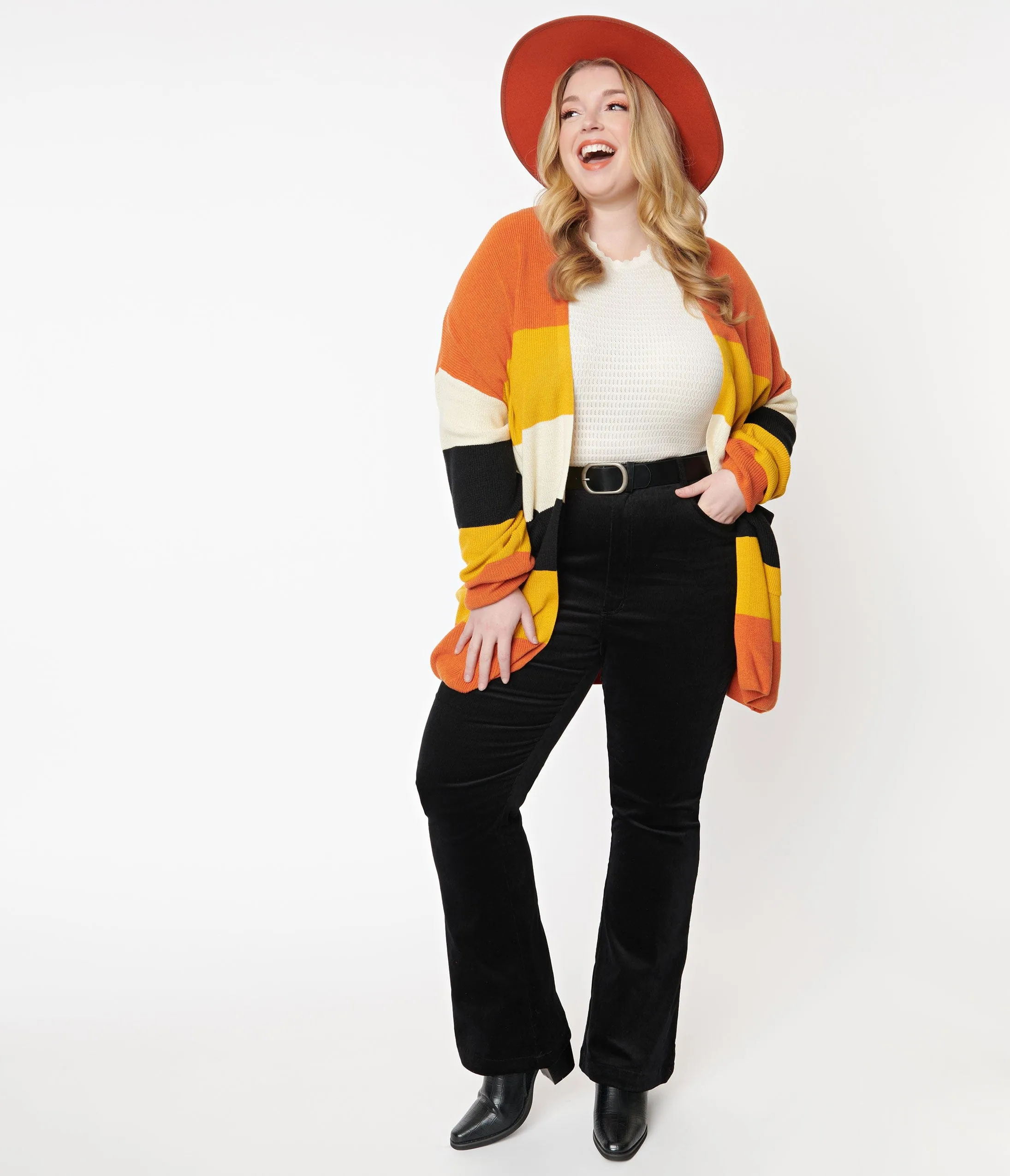 Plus Size Fall Stripe Open Cotton Knit Cardigan sold by Unique Vintage