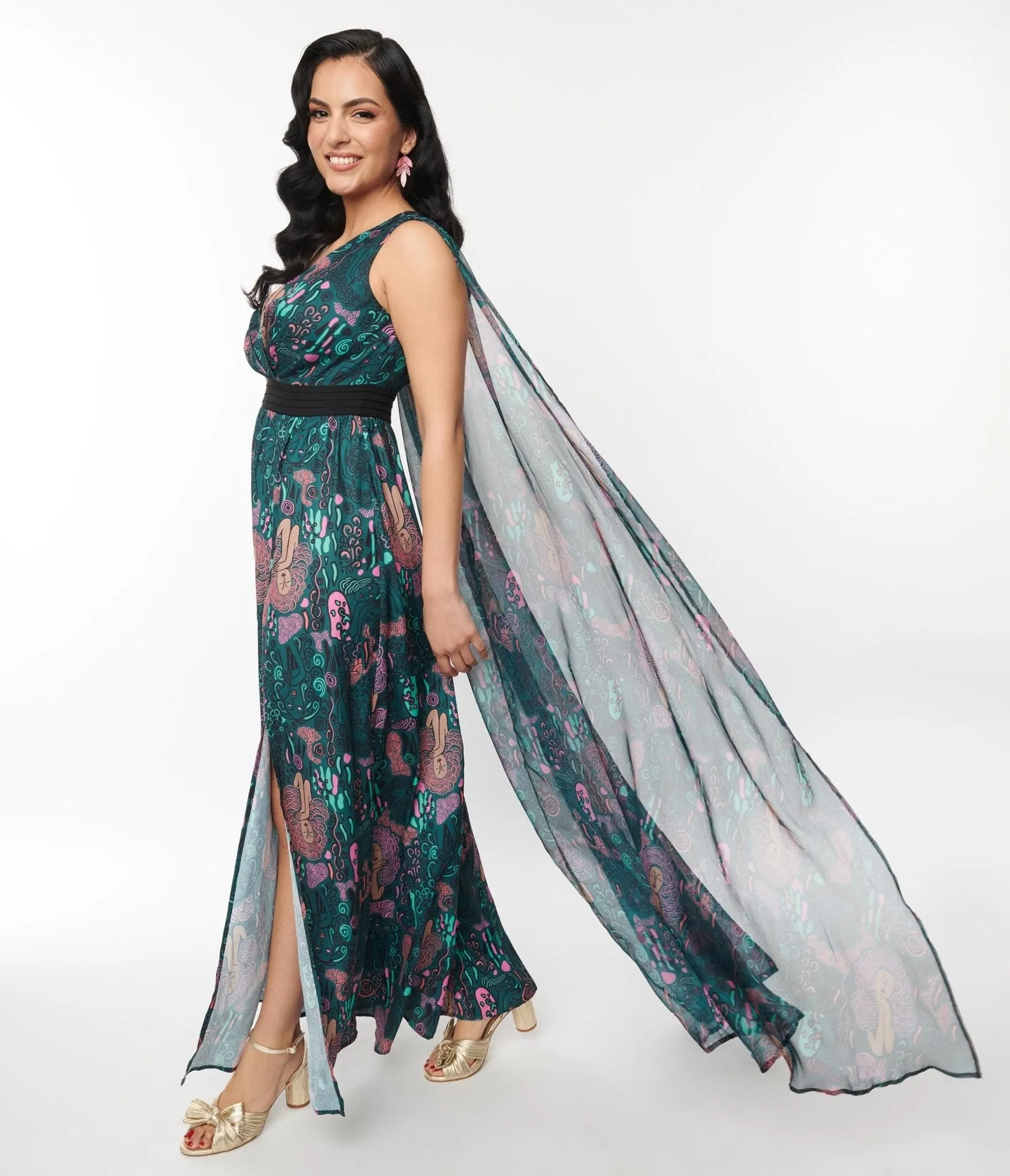 Unique Vintage Green Psychedelic Woman Print Cape Maxi Dress sold by Unique Vintage