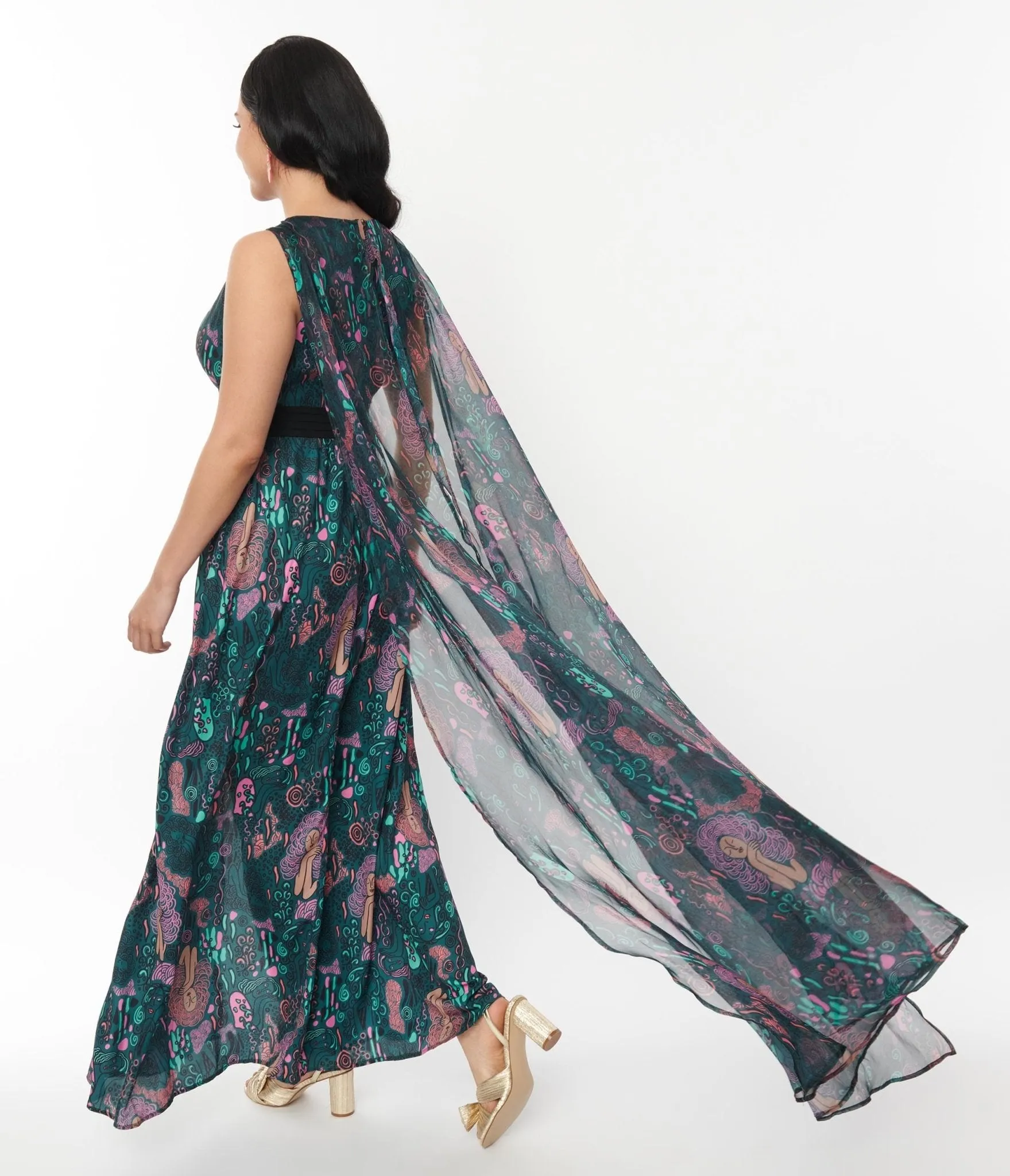 Unique Vintage Green Psychedelic Woman Print Cape Maxi Dress sold by Unique Vintage product image thumbnail 3