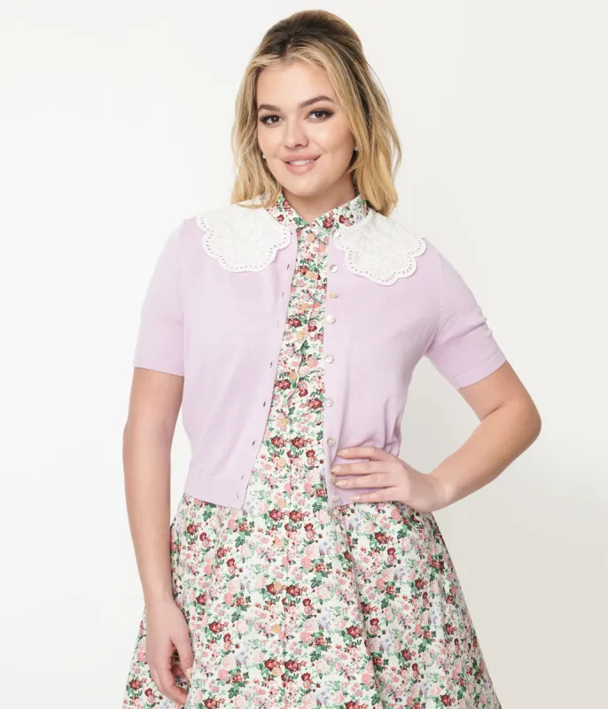 Lilac & White Floral Collar Cardigan sold by Unique Vintage