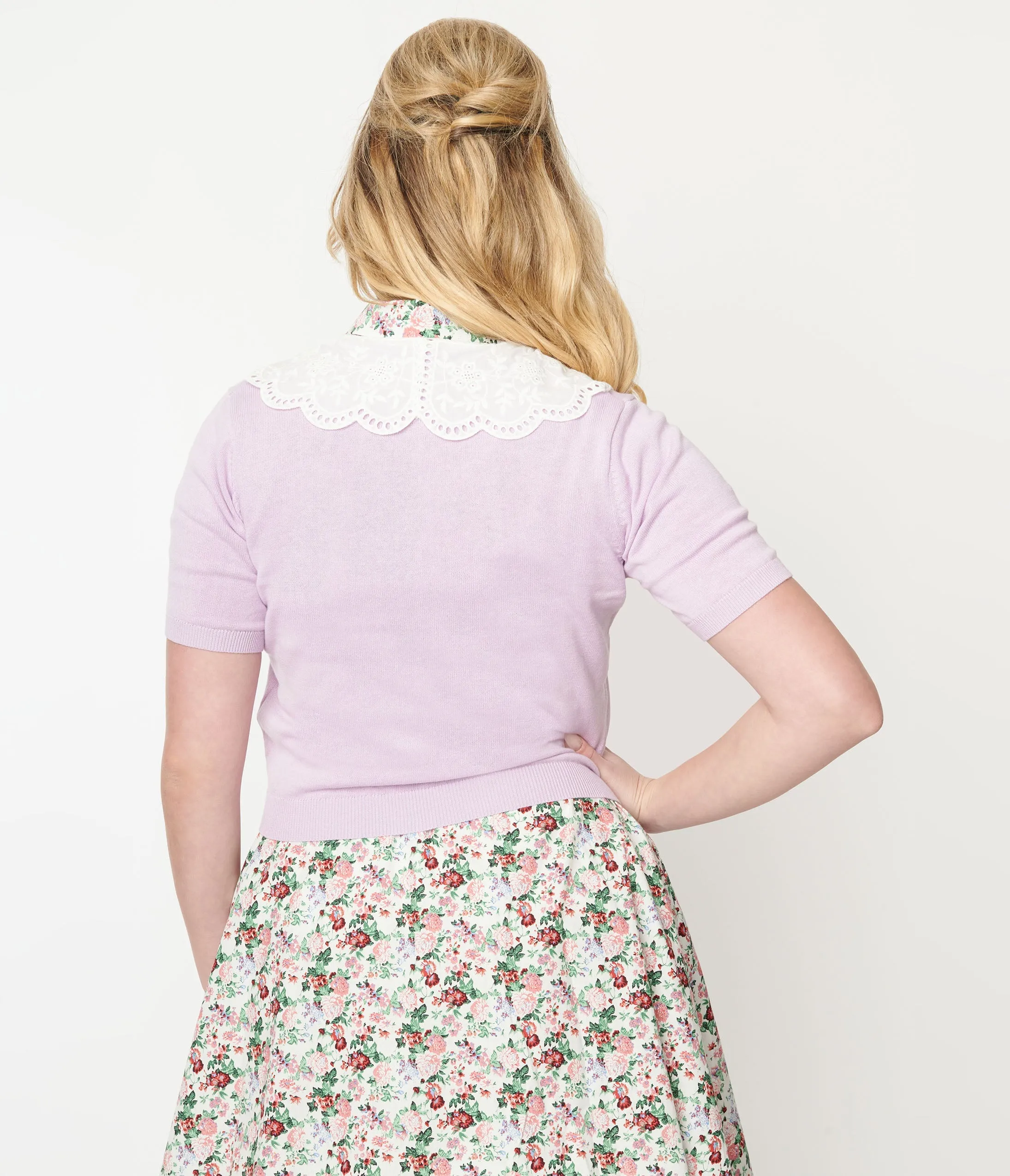 Lilac & White Floral Collar Cardigan sold by Unique Vintage product image thumbnail 2