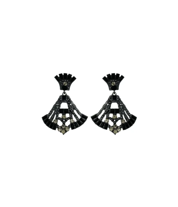 Deco Style Black Rhinestone Drop Fan Earrings sold by Unique Vintage