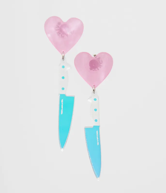 Pink Iridescent Heart Knives Drop Earrings sold by Unique Vintage