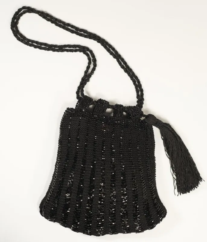 1920s Style Black Beaded & Crochet Tassel Purse sold by Unique Vintage