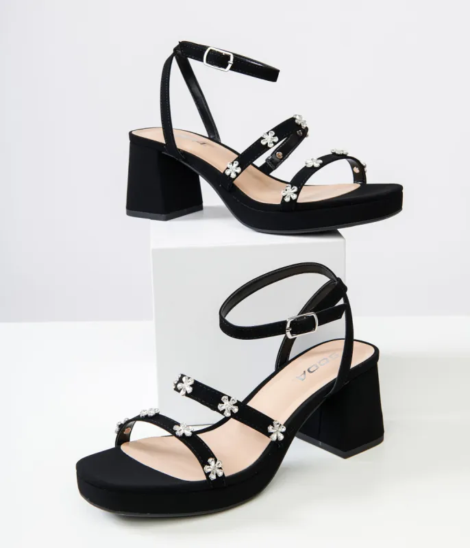 Black Leatherette & Rhinestone Floral Platform Heels sold by Unique Vintage