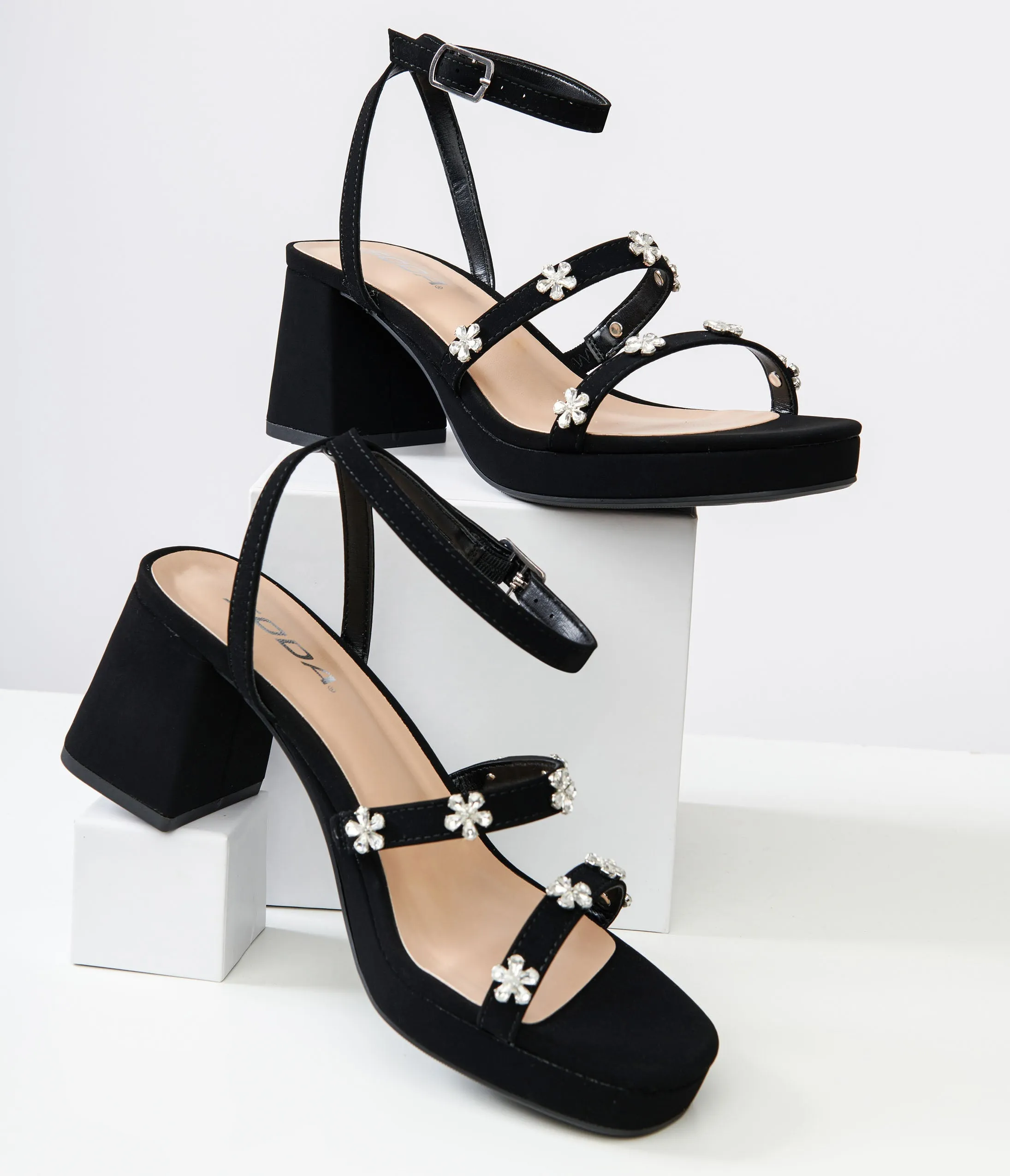 Black Leatherette & Rhinestone Floral Platform Heels sold by Unique Vintage product image thumbnail 3