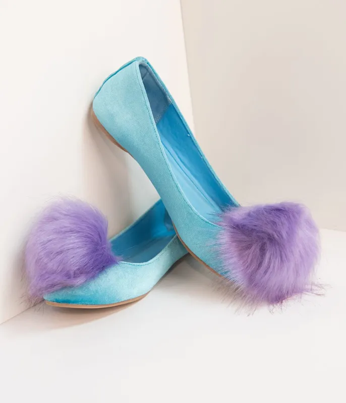 Teal Velvet & Purple Pom Pom Ballet Flats sold by Unique Vintage