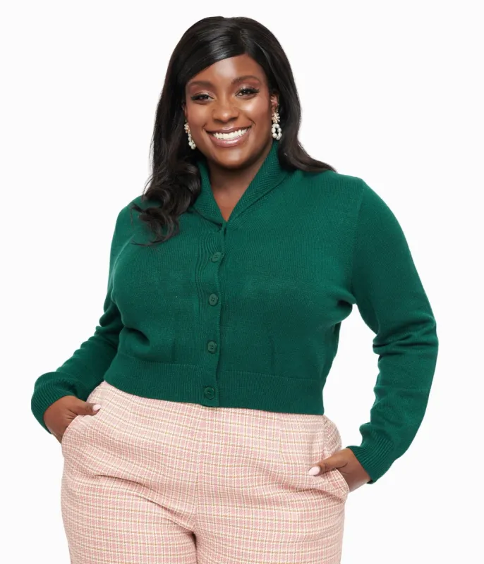 Plus Size 1950s Forest Green Cropped Cardigan sold by Unique Vintage
