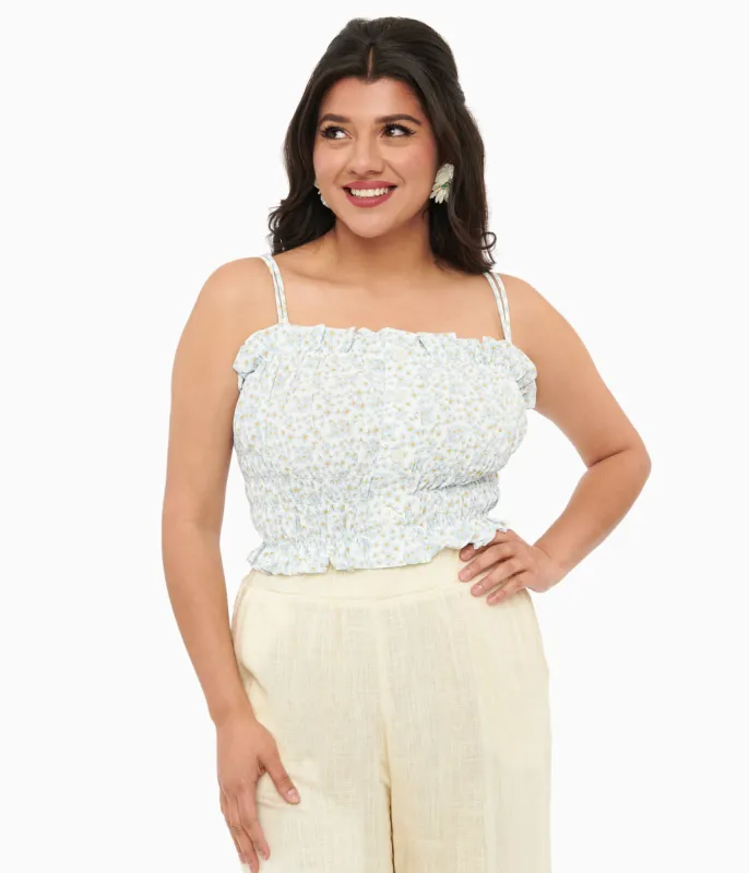 1970s Light Blue Daisy Smocked Crop Top sold by Unique Vintage
