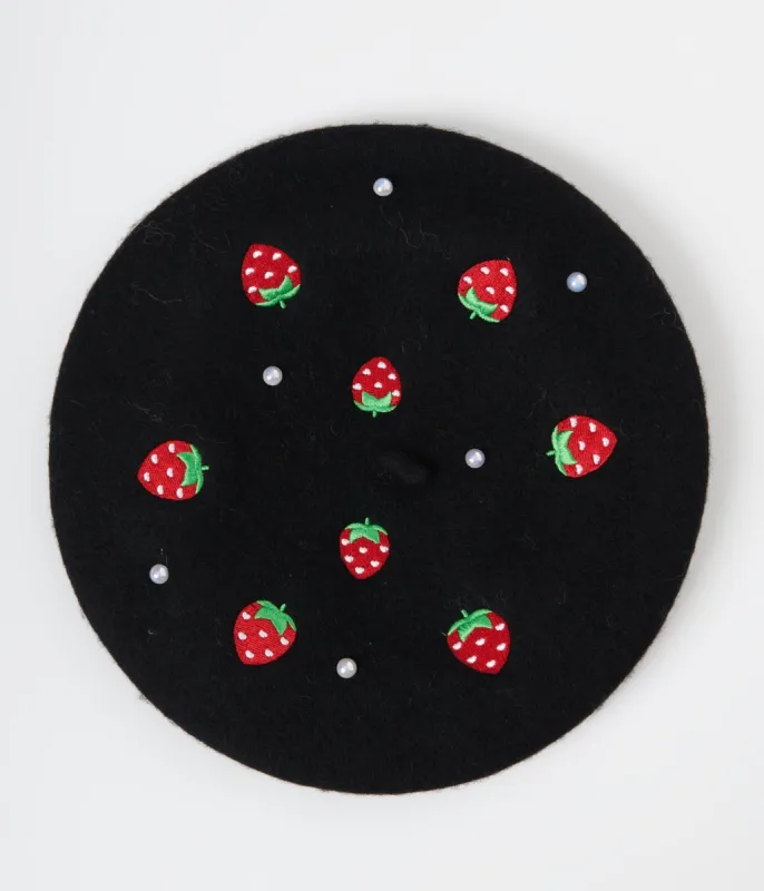 Black Pearl & Strawberry Embroidered Beret sold by Unique Vintage