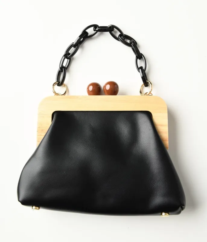 Black & Wood Leatherette Handbag sold by Unique Vintage