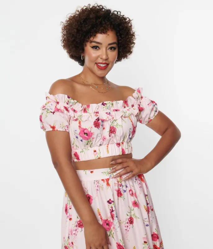 Unique Vintage 1970s Light Pink Floral Ruffle Up Crop Top sold by Unique Vintage