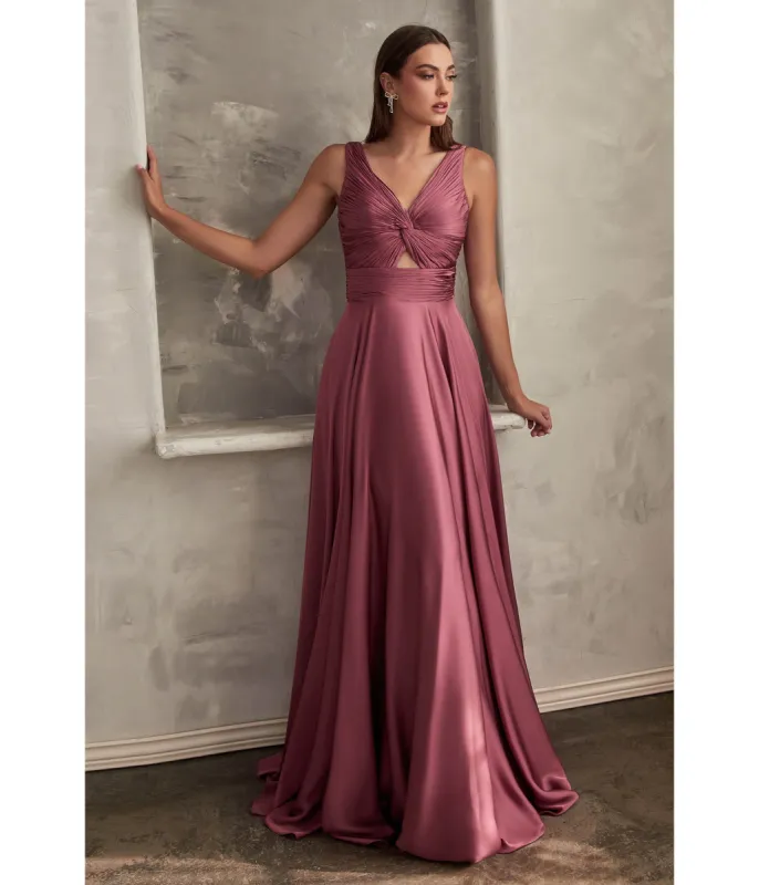 Ladivine by Cinderella Divine Mauve Rose Satin Ruched Knotted Keyhole Evening Gown sold by Unique Vintage