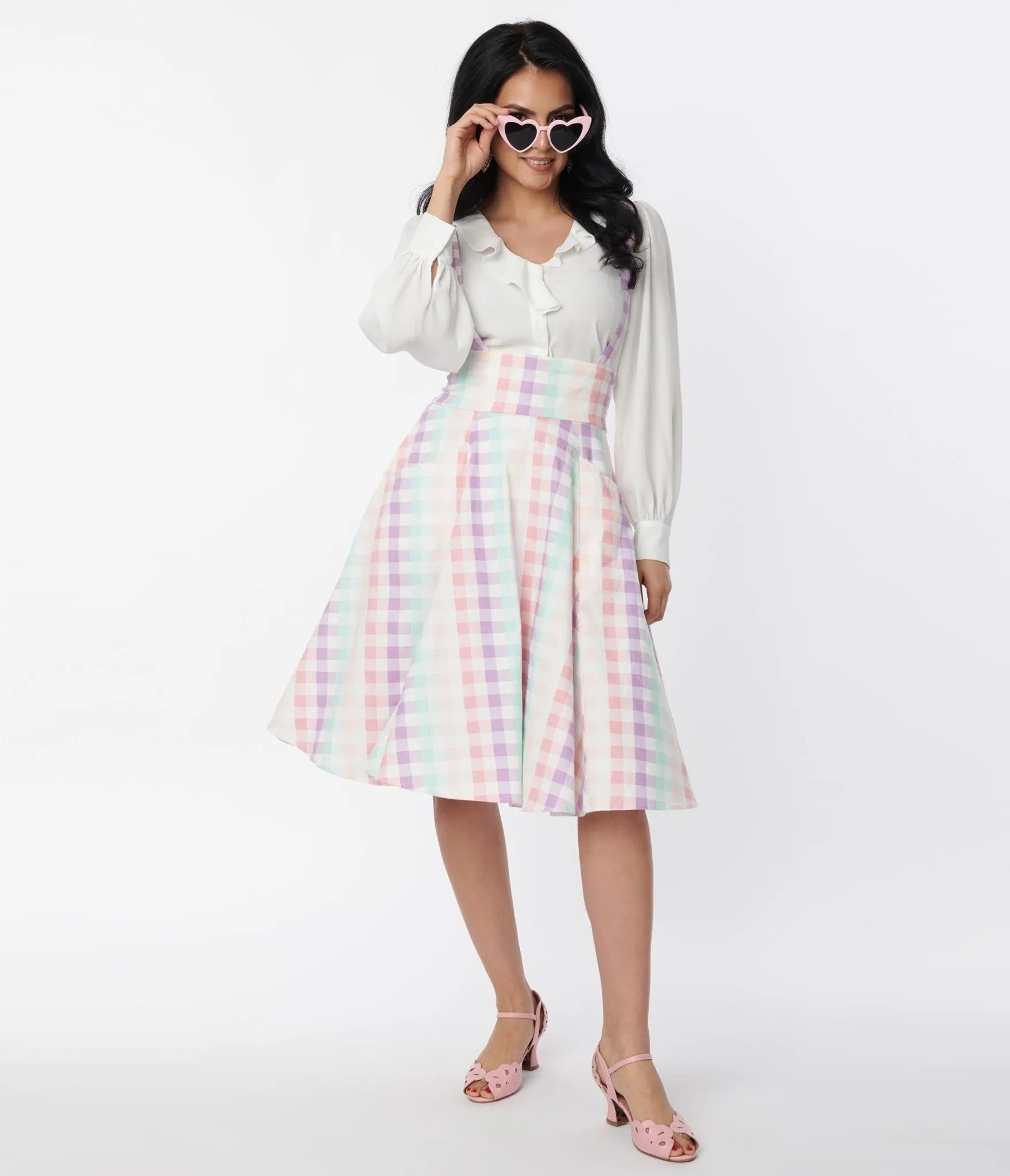 Collectif Pastel Rainbow Gingham Suspender Swing Skirt sold by Unique Vintage product image thumbnail 5