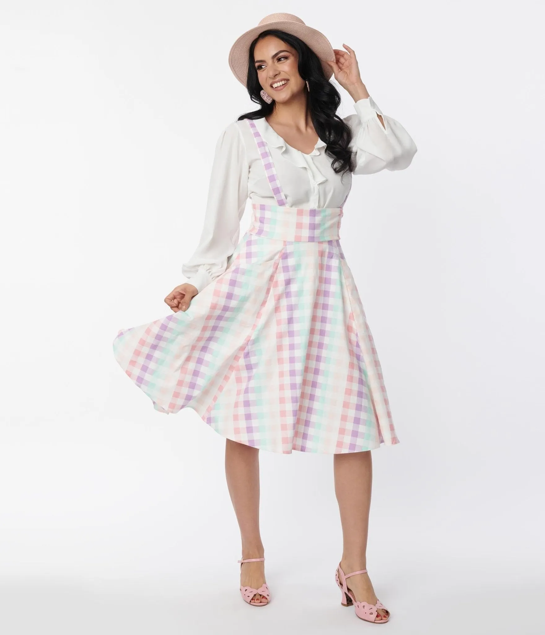 Collectif Pastel Rainbow Gingham Suspender Swing Skirt sold by Unique Vintage
