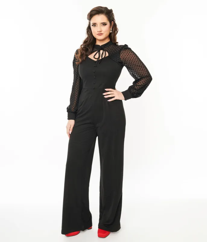 Unique Vintage 1970s Black & Polka Dot Long Sleeve Jumpsuit sold by Unique Vintage