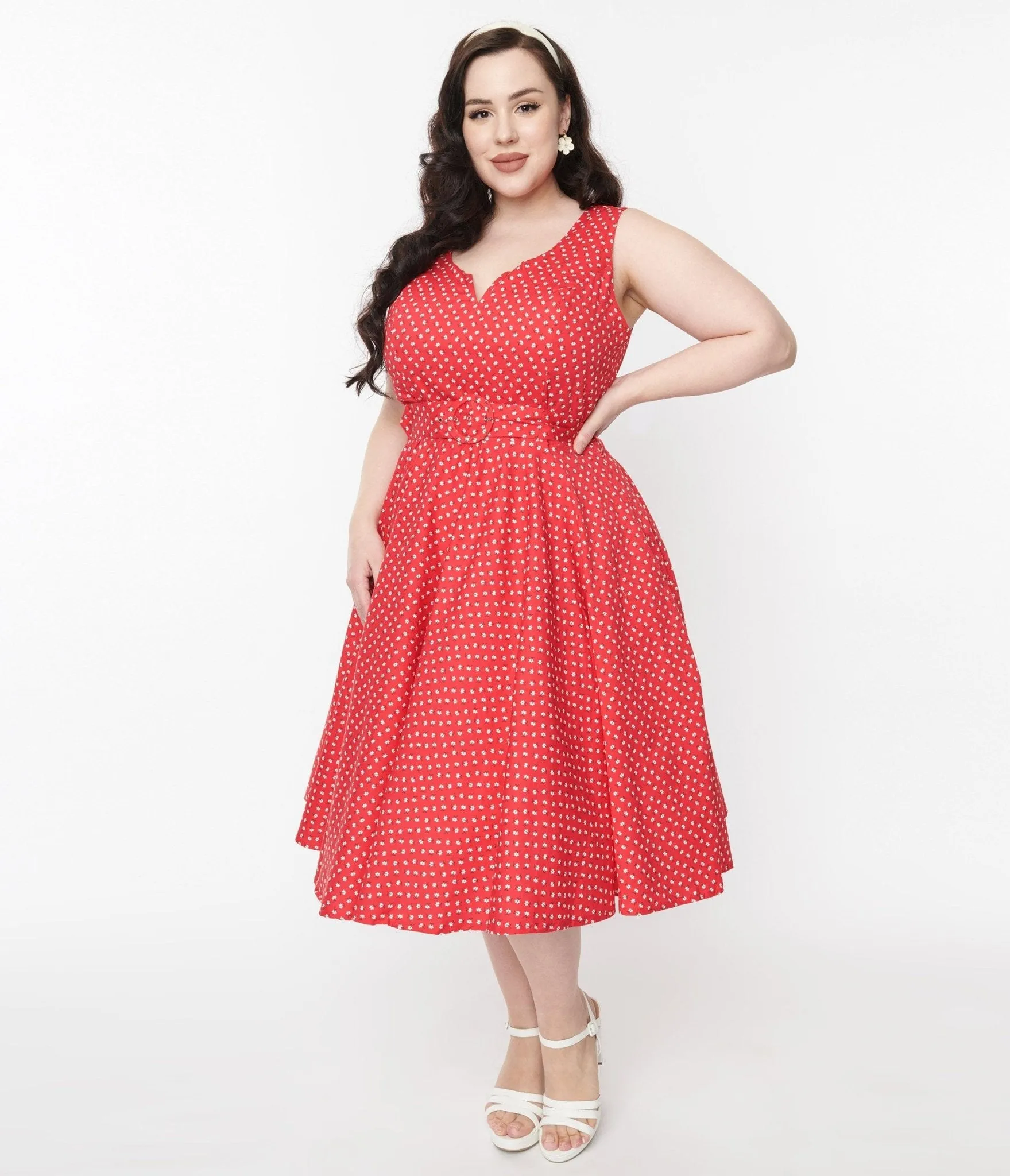 Red & White Floral Dot Belted Swing Dress sold by Unique Vintage product image thumbnail 5