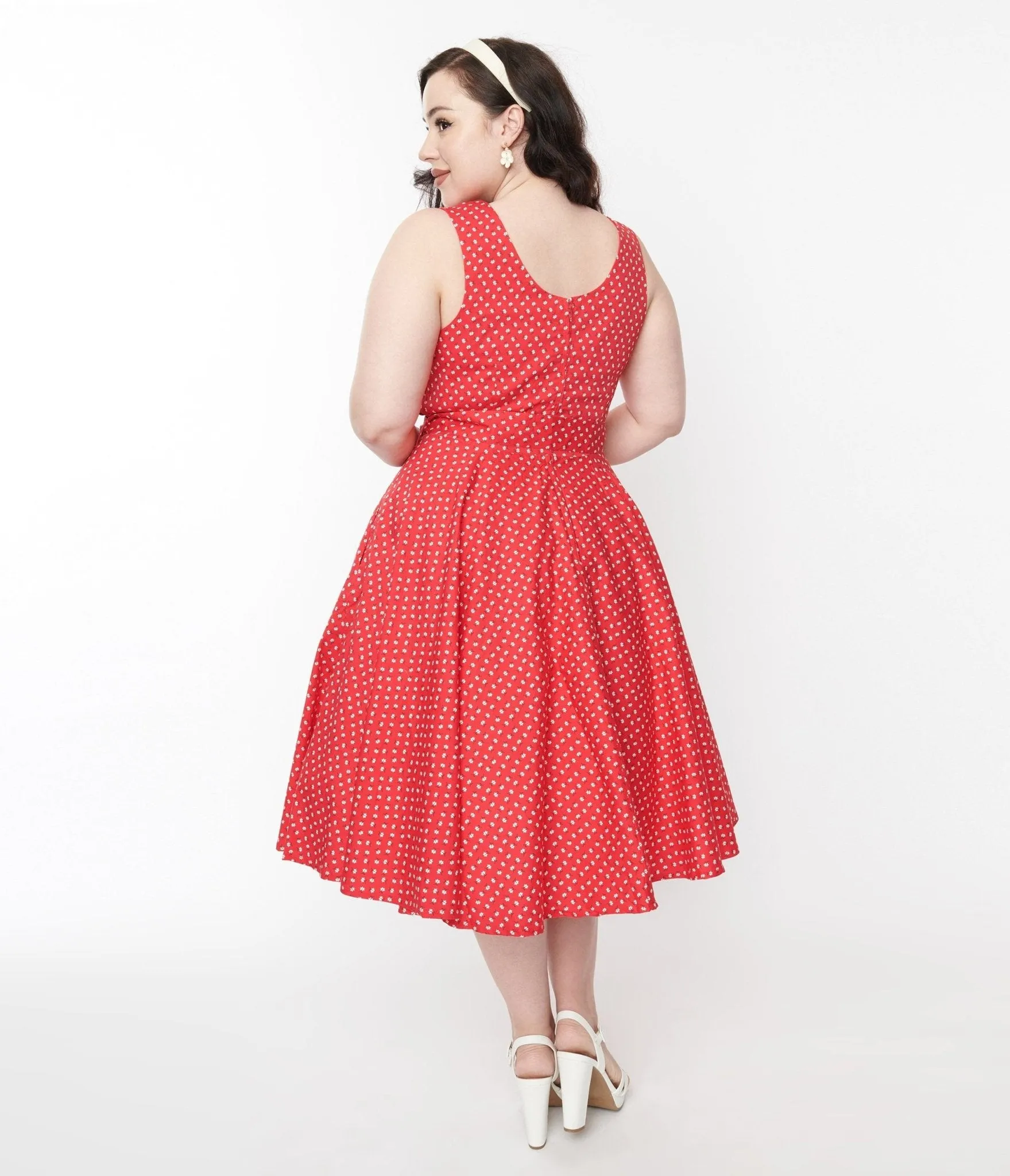 Red & White Floral Dot Belted Swing Dress sold by Unique Vintage product image thumbnail 3