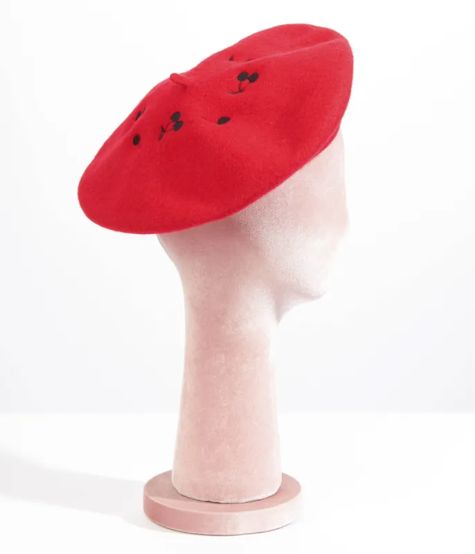 Red & Black Cherry Embroidered Beret sold by Unique Vintage