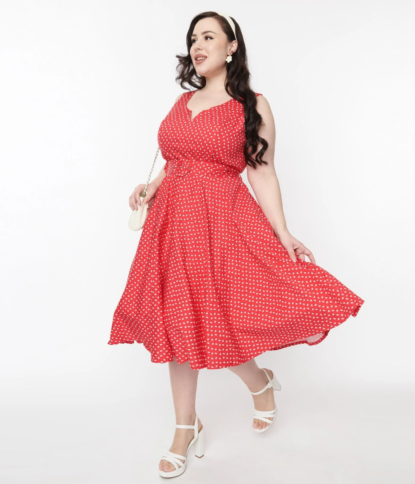Red & White Floral Dot Belted Swing Dress sold by Unique Vintage product image thumbnail 4