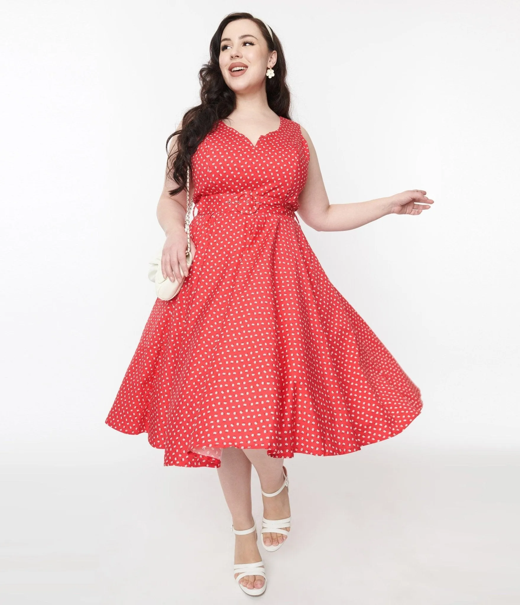 Red & White Floral Dot Belted Swing Dress sold by Unique Vintage