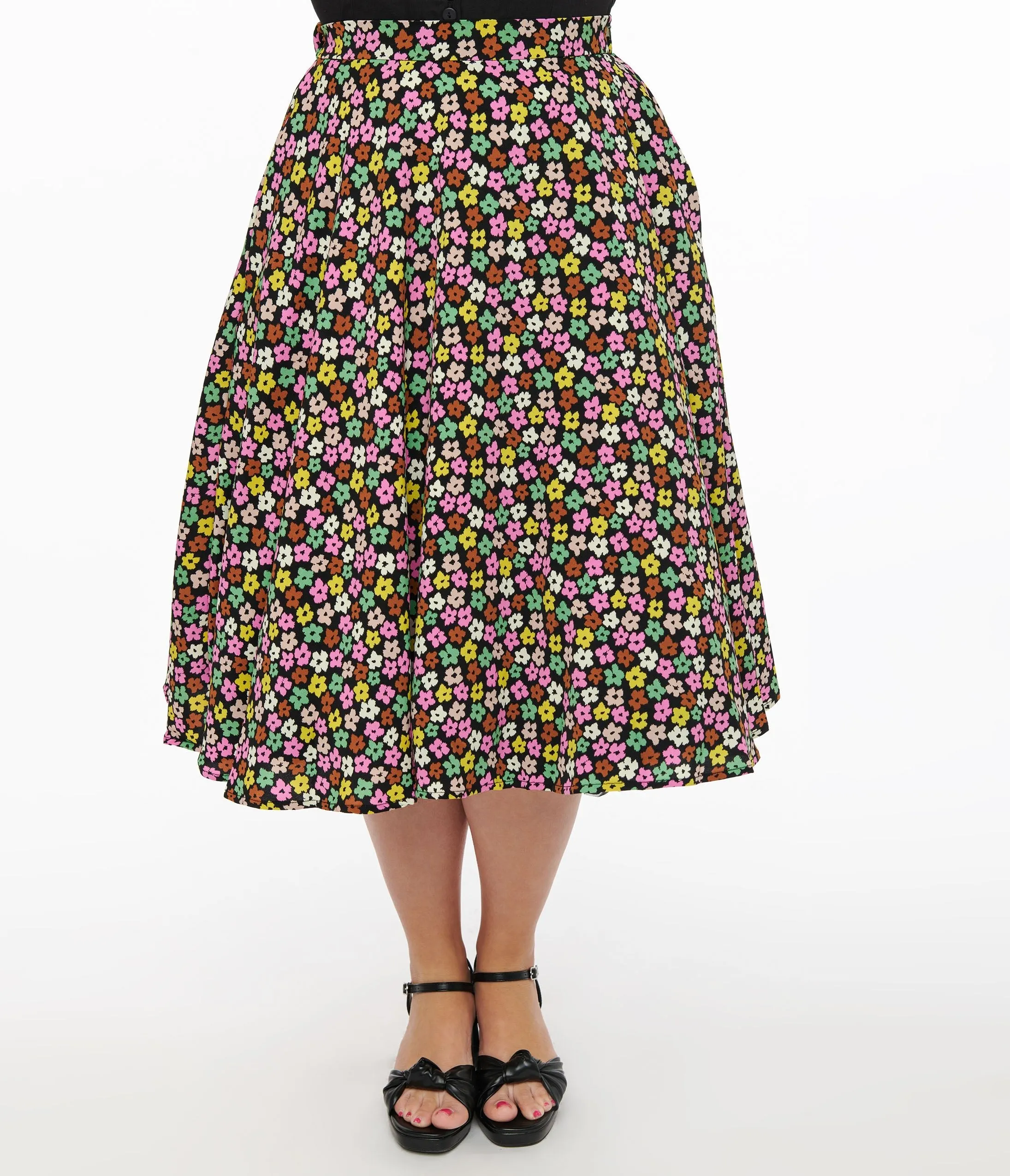 1950s Black & Multicolor Flower Print Swing Skirt sold by Unique Vintage product image thumbnail 2