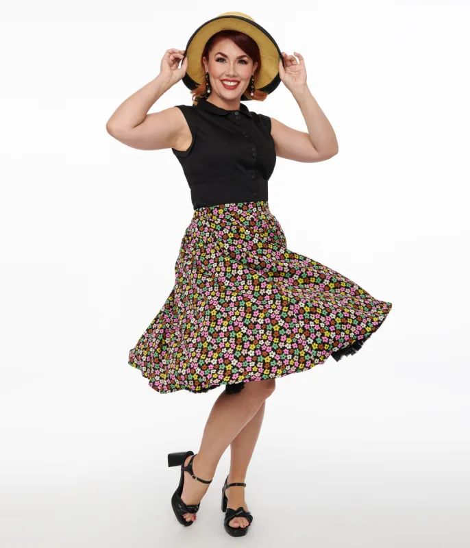 1950s Black & Multicolor Flower Print Swing Skirt sold by Unique Vintage