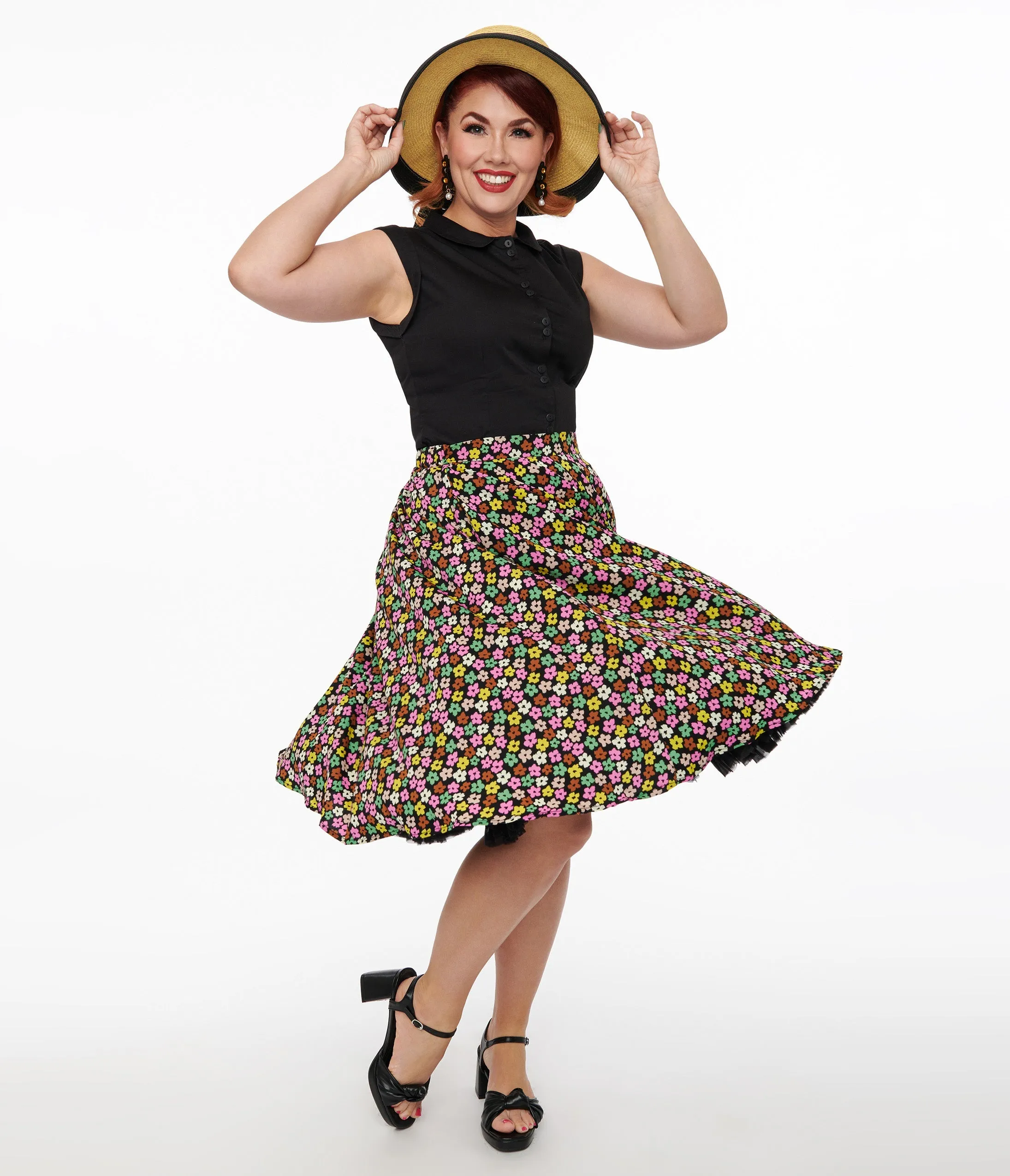 1950s Black & Multicolor Flower Print Swing Skirt sold by Unique Vintage