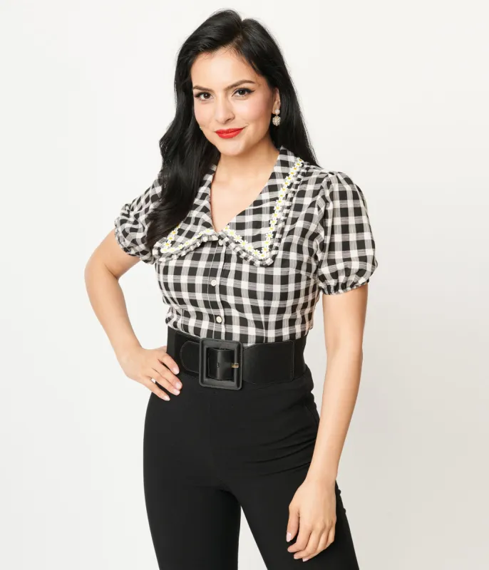 Unique Vintage 1930s White & Black Gingham Cotton Daisy Blouse sold by Unique Vintage