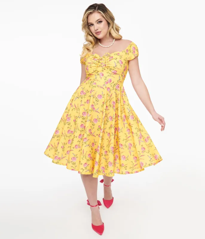1950s Yellow & Fuchsia Floral Victoria Swing Dress sold by Unique Vintage