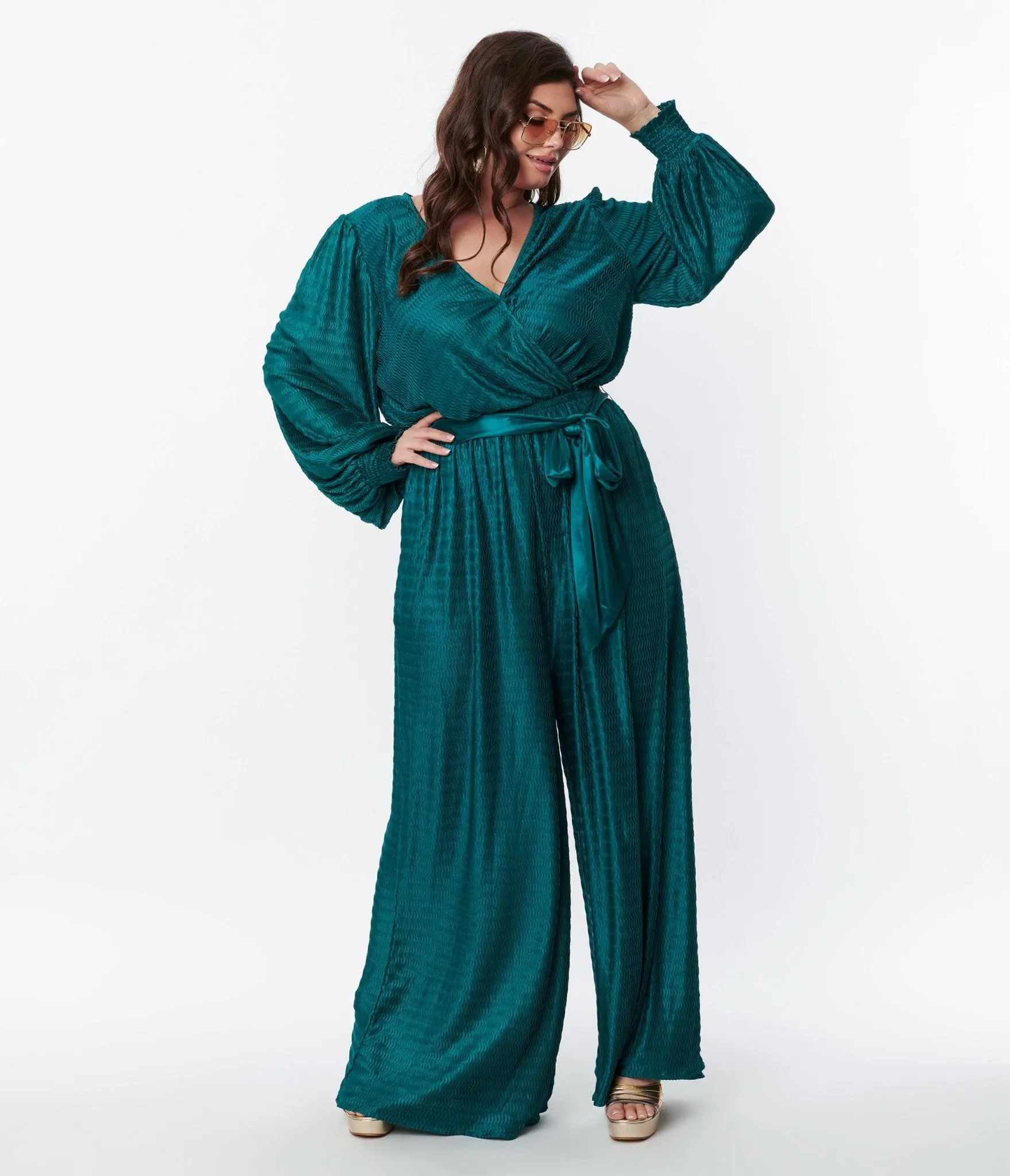 Teal Satin Textured Jumpsuit sold by Unique Vintage