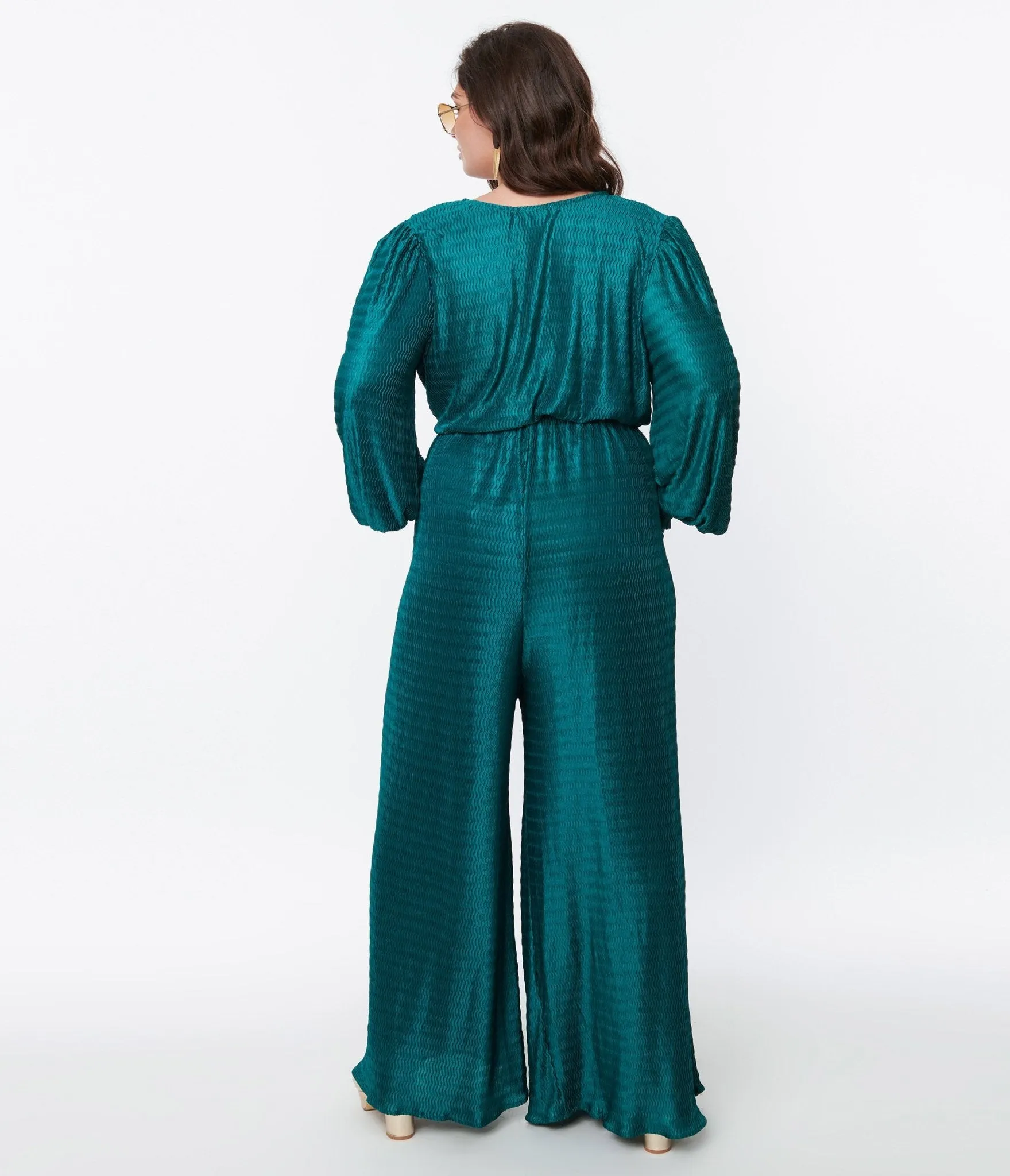 Teal Satin Textured Jumpsuit sold by Unique Vintage product image thumbnail 3