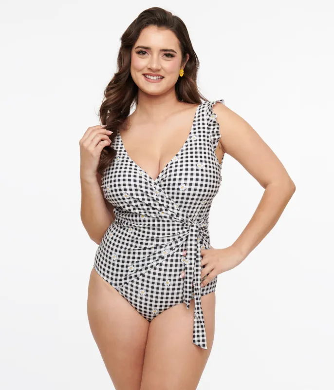 Black & White Daisy Gingham Wrap One Piece Swimsuit sold by Unique Vintage