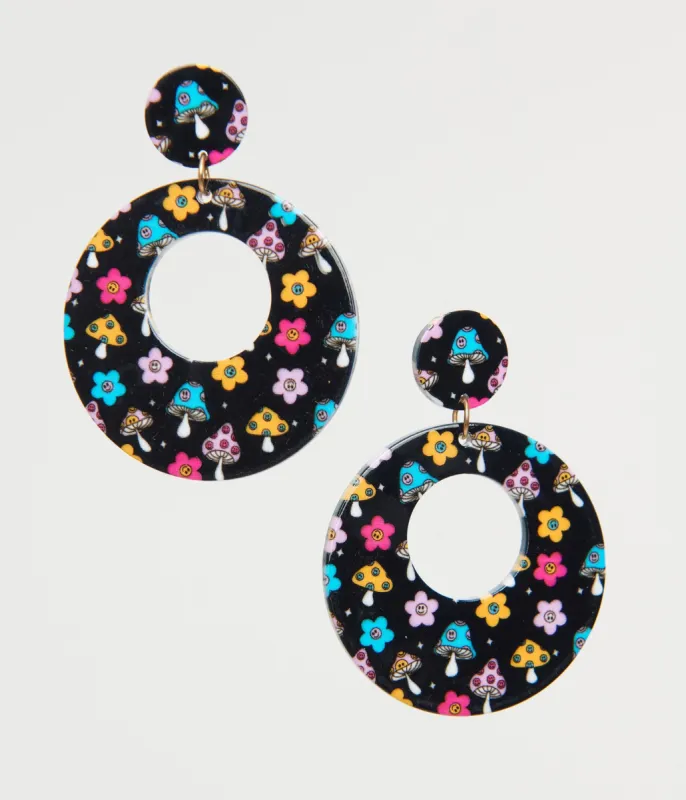 1970s Black Mushroom & Floral Print Hoop Earrings sold by Unique Vintage